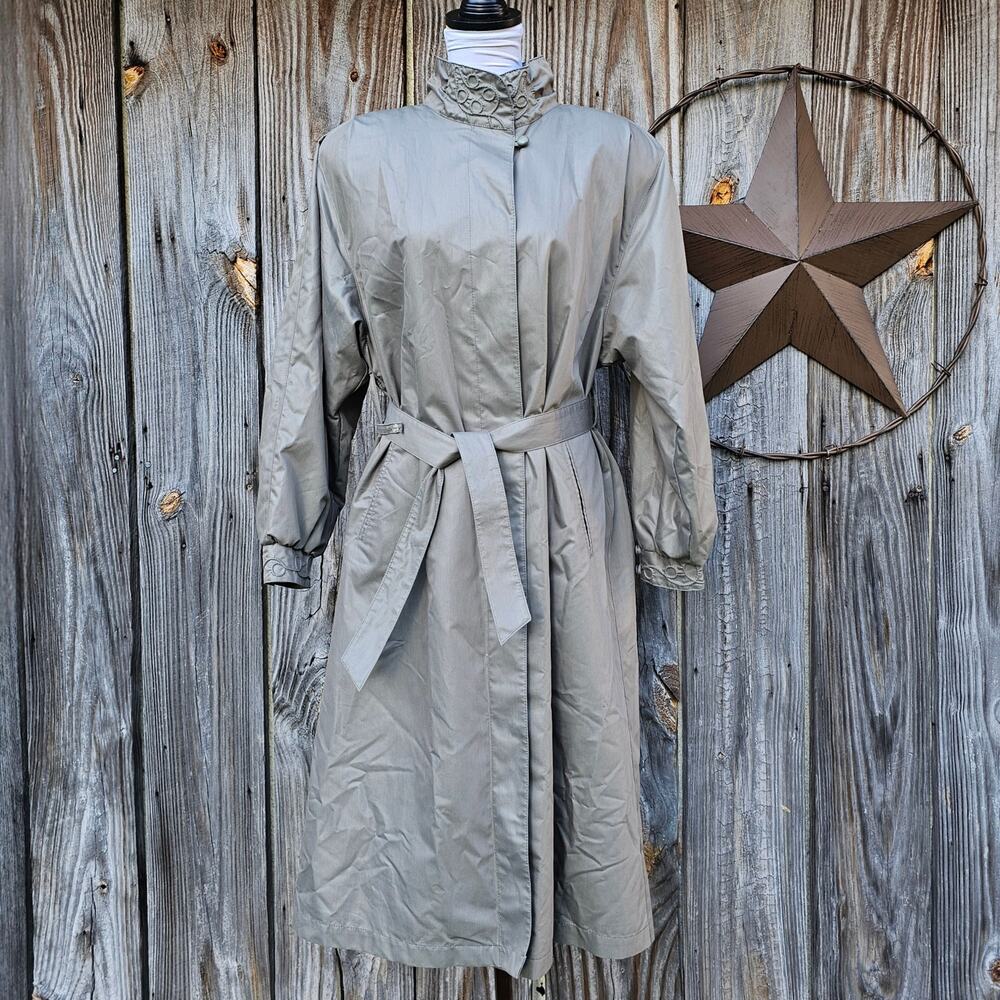 Belted Trench Coat London Fog Size 10P Petite Sage Green Embroidered Vintage VTG